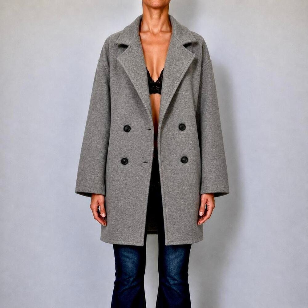 Free People Chic Gray Double Breasted Pea Coat Quiet Luxury Jacket Size M